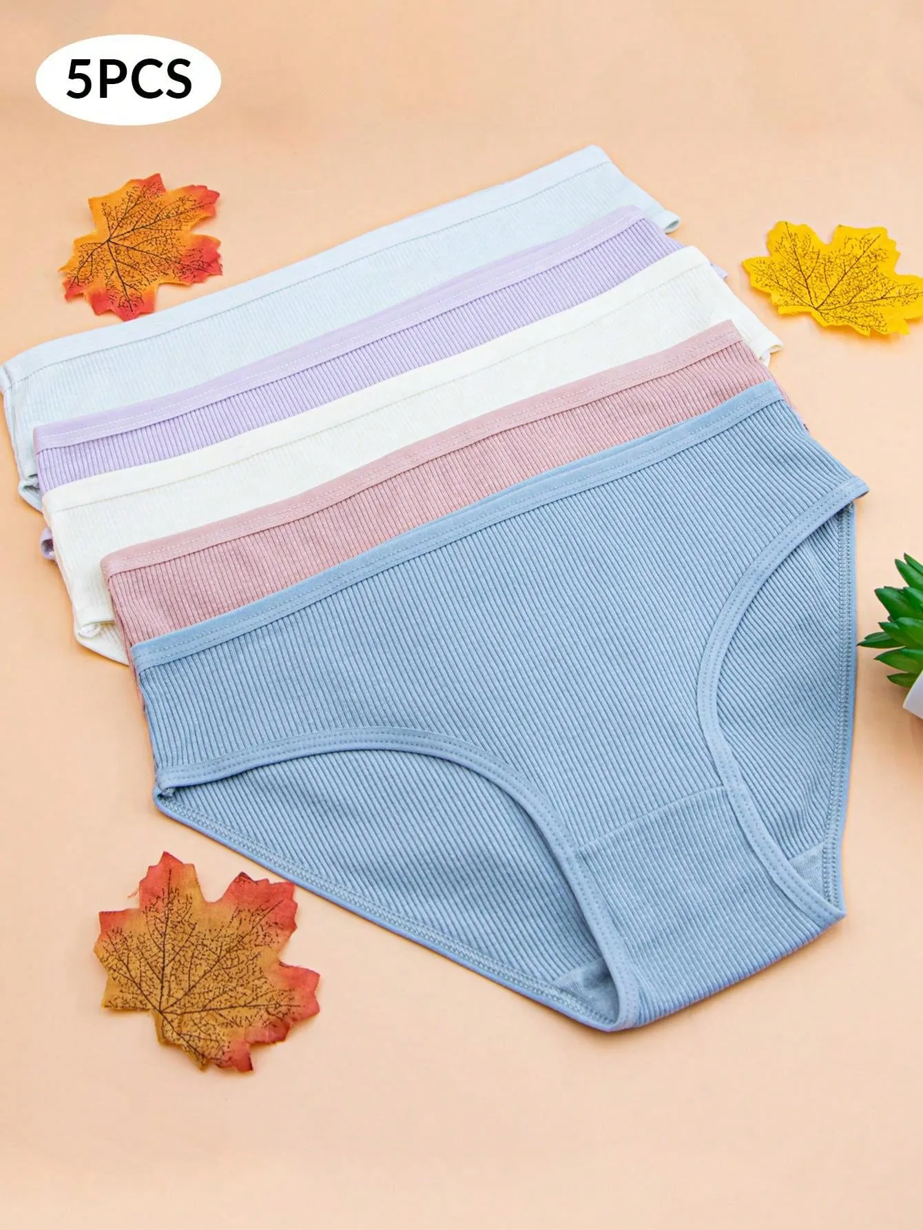 5pcs Women's Breathable And Sexy Cotton Mid-Rise Threaded Triangle Panties In Different Colors