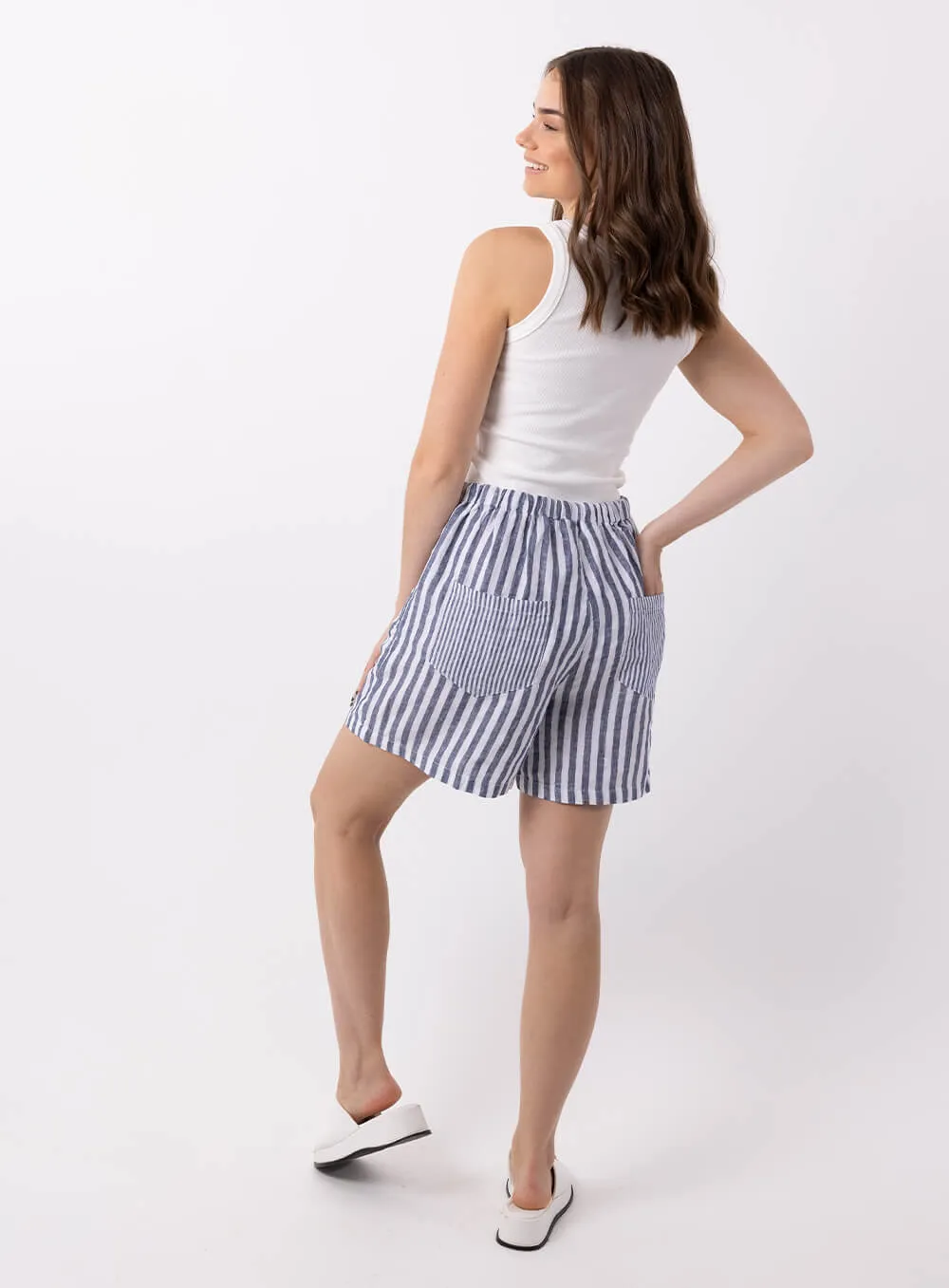 Abbi Stripe Linen Short-NAVY