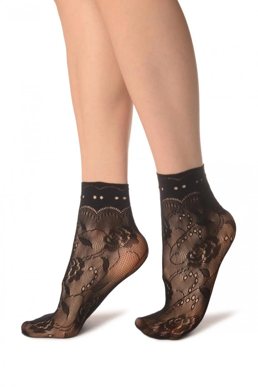 Black Roses Lace With Comfort Top Ankle High Socks