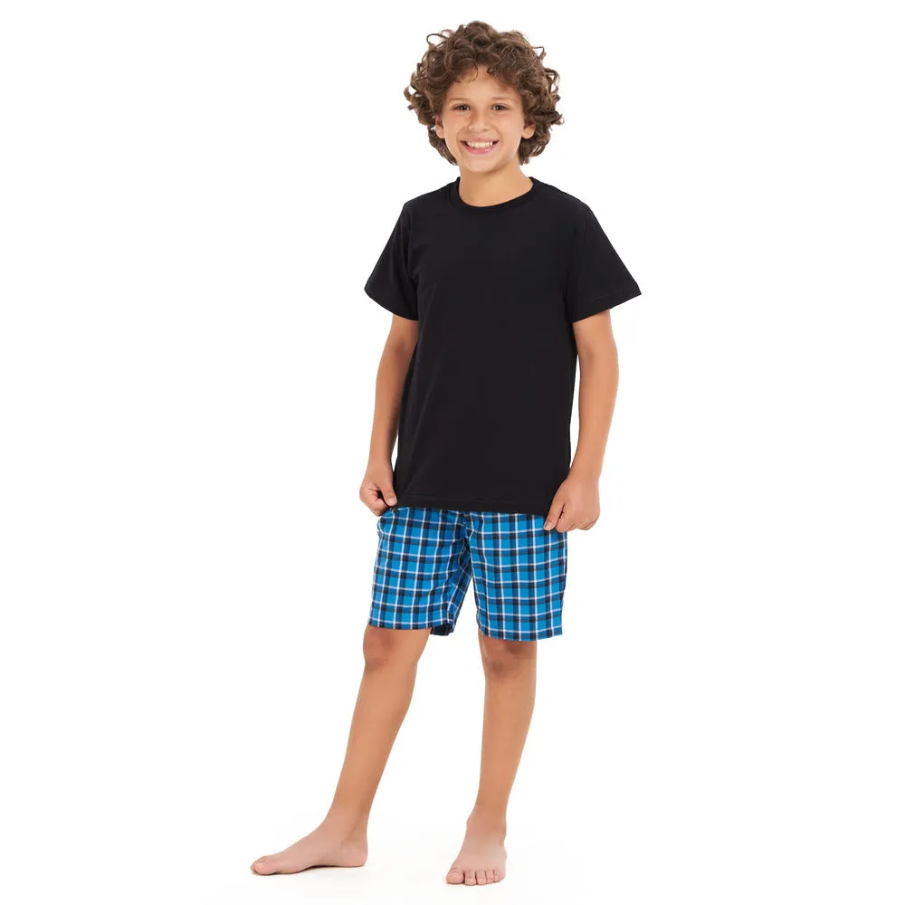 Boys summer pajama set Black t-shirt  Squared Blue shorts