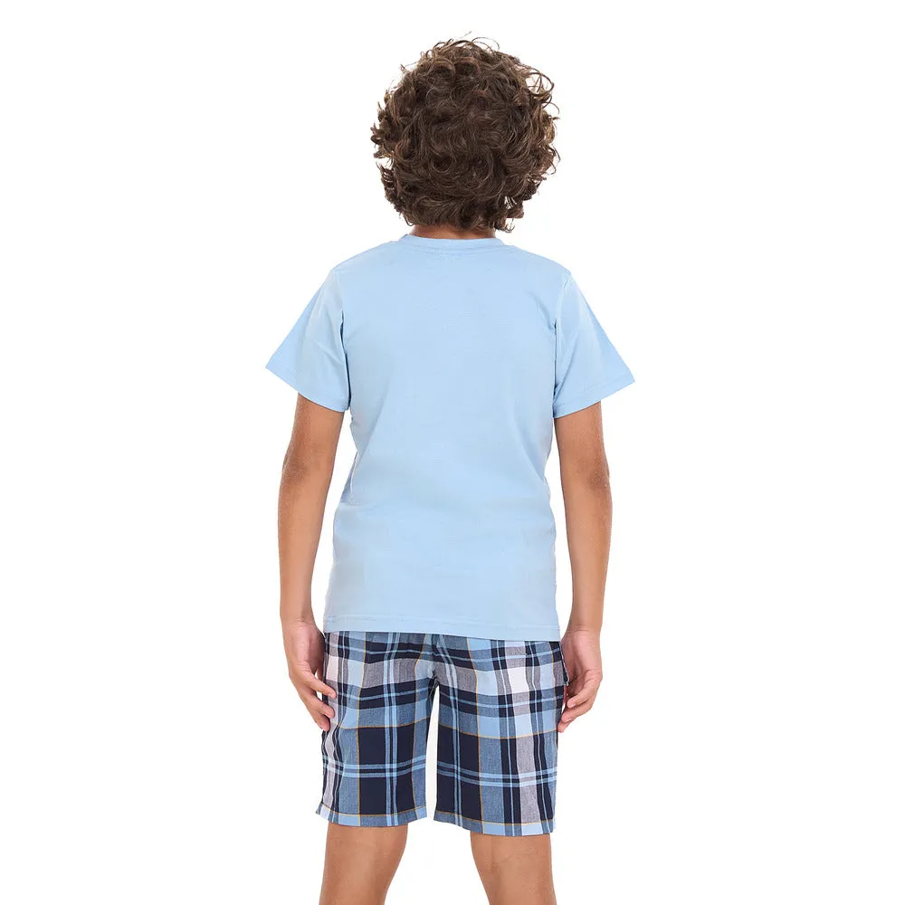 Boys summer pajama set Light Blue t-shirt  Light Blue x Dark Blue Checkered shorts