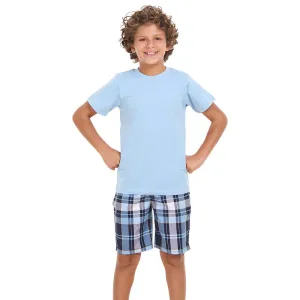 Boys summer pajama set Light Blue t-shirt  Light Blue x Dark Blue Checkered shorts