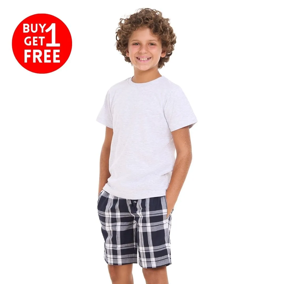 Boys summer pajama set Light Grey t-shirt  Dark Bue x White Checkered shorts