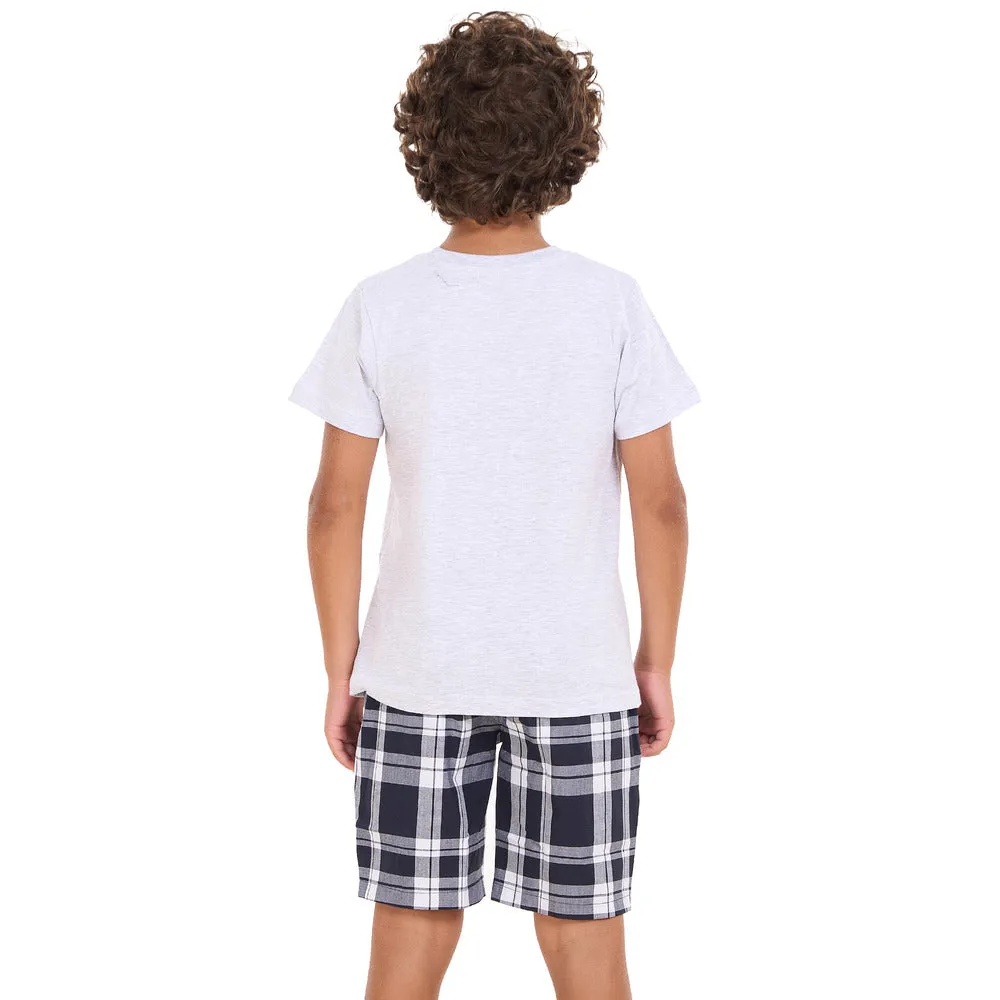 Boys summer pajama set Light Grey t-shirt  Dark Bue x White Checkered shorts