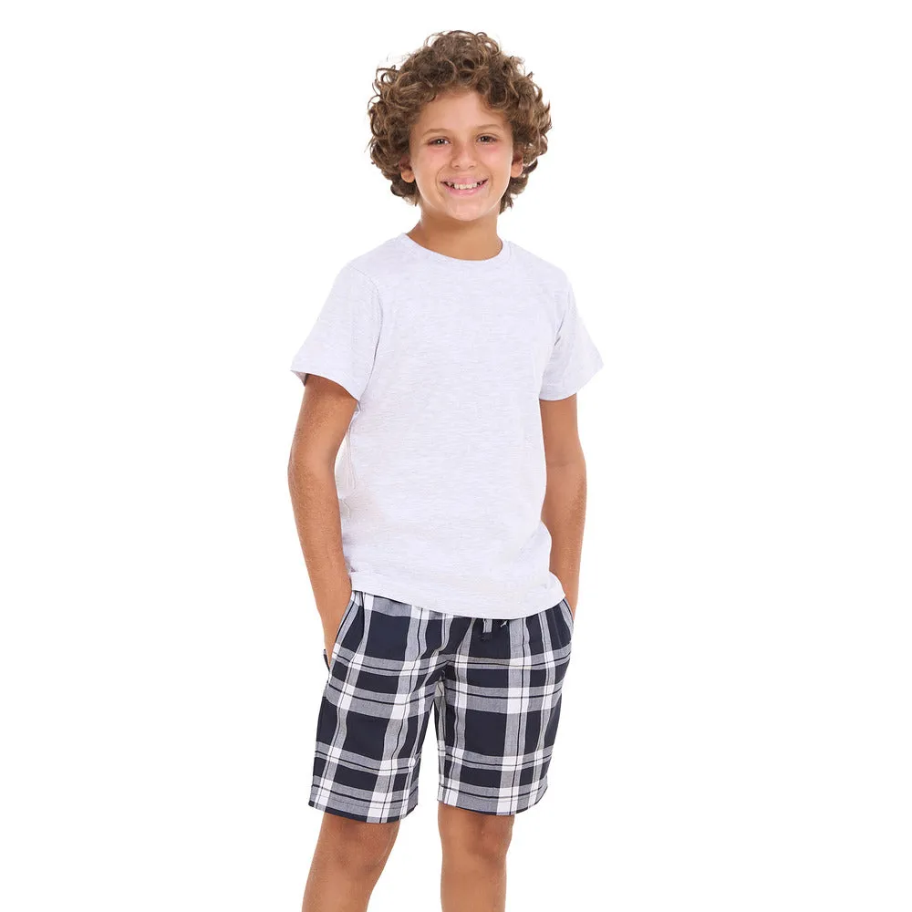 Boys summer pajama set Light Grey t-shirt  Dark Bue x White Checkered shorts