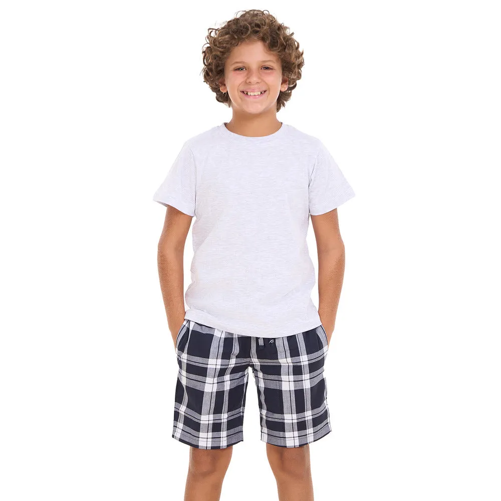 Boys summer pajama set Light Grey t-shirt  Dark Bue x White Checkered shorts