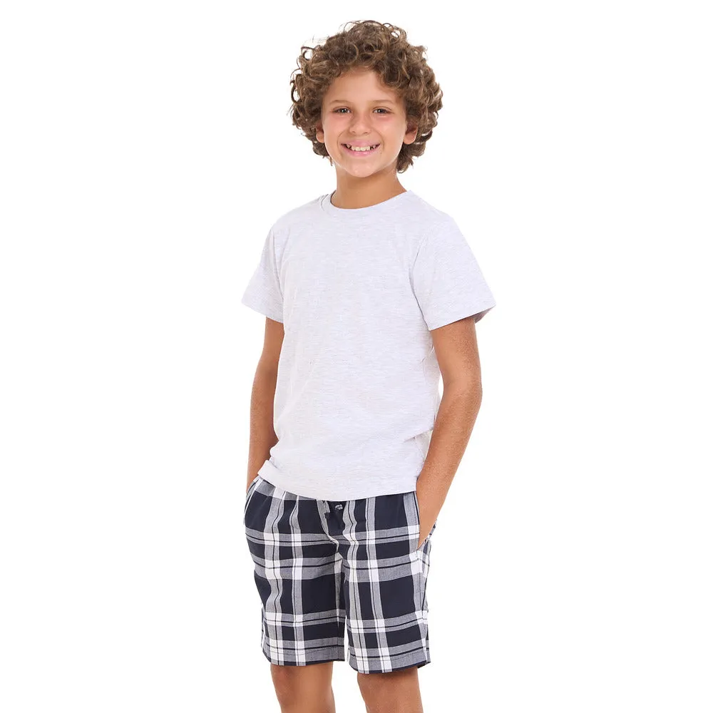 Boys summer pajama set Light Grey t-shirt  Dark Bue x White Checkered shorts