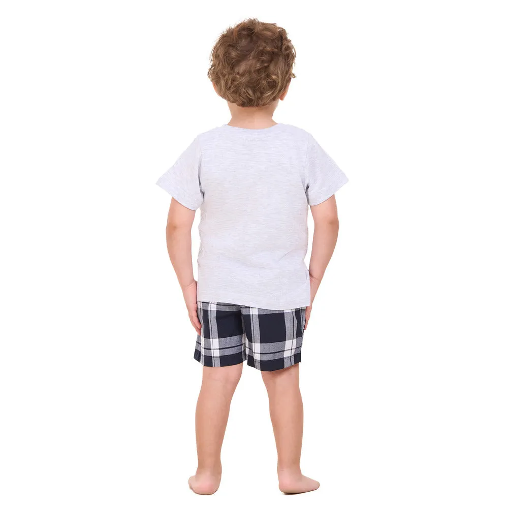 Boys summer pajama set Light Grey t-shirt  Dark Bue x White Checkered shorts