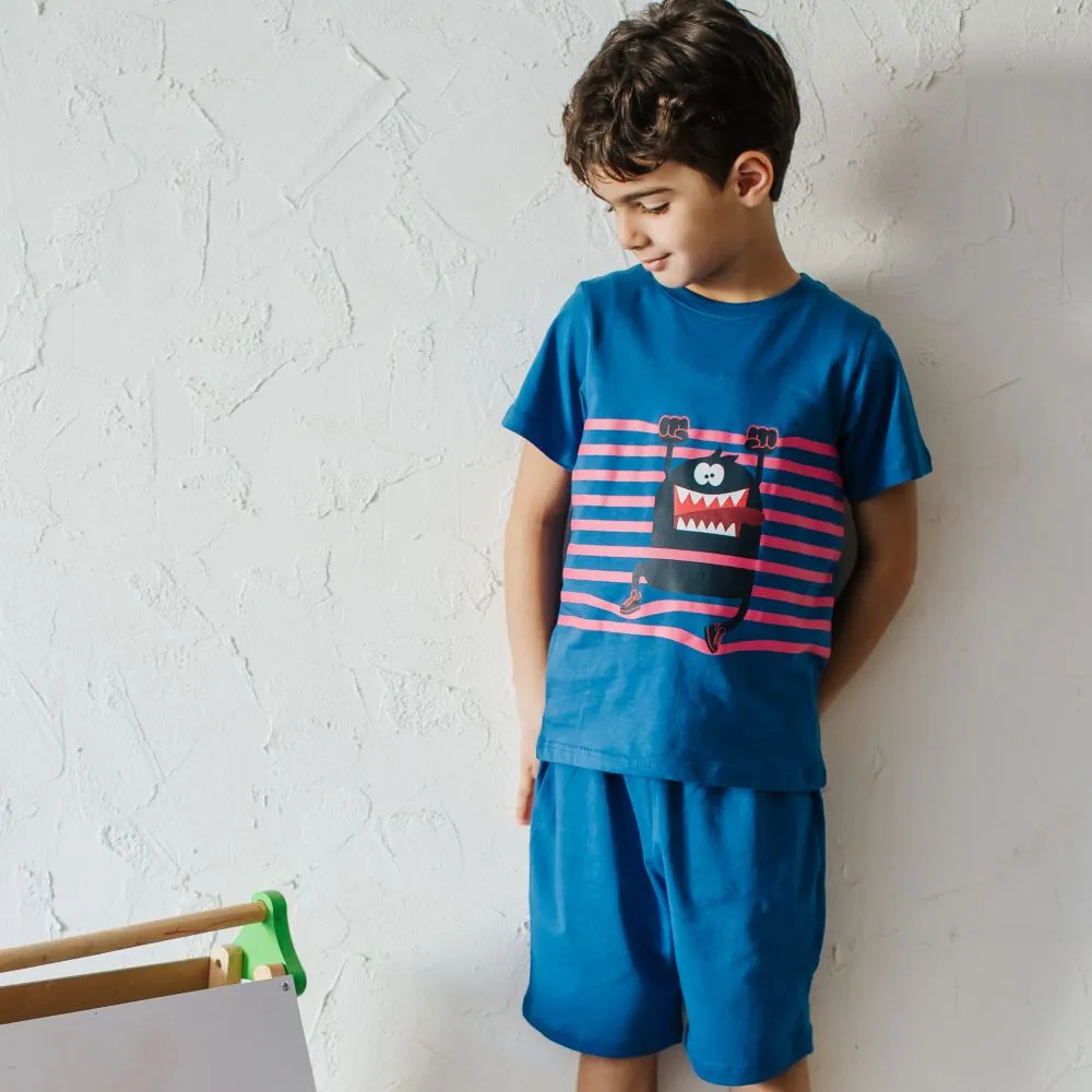 Boys summer pajama set Monster striped t-shirt   Indigo shorts