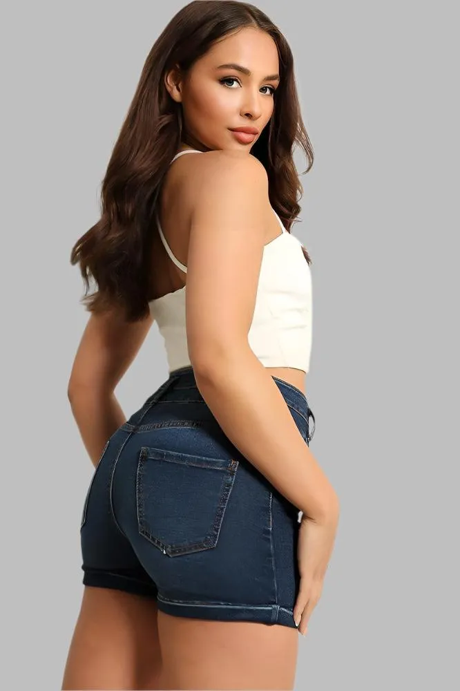 Buttoned Front Wide Waistband Denim Hotpants