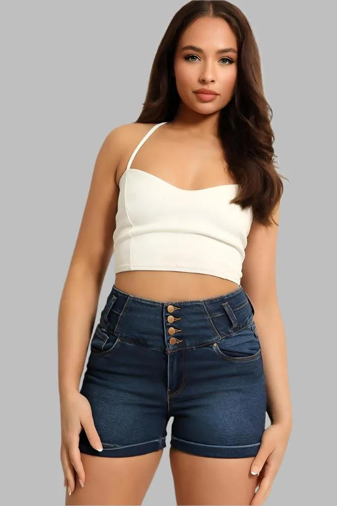 Buttoned Front Wide Waistband Denim Hotpants