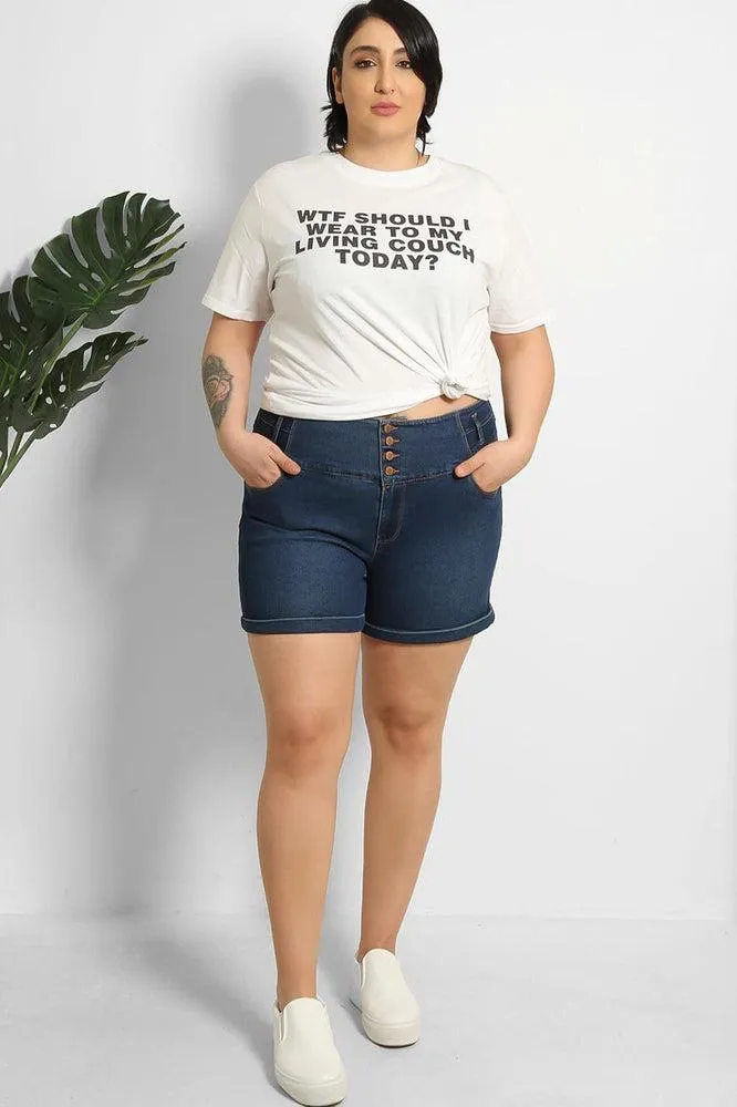 Buttoned Front Wide Waistband Denim Hotpants