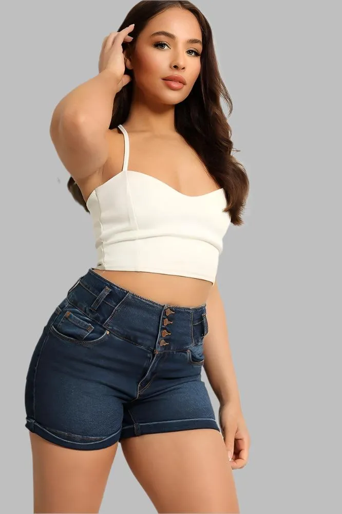 Buttoned Front Wide Waistband Denim Hotpants