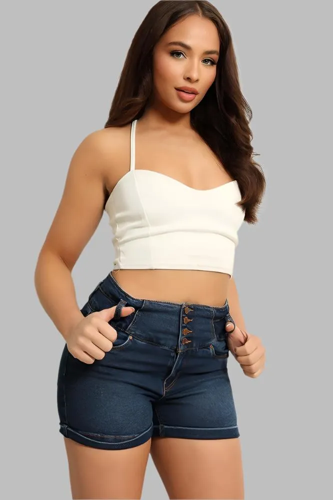 Buttoned Front Wide Waistband Denim Hotpants