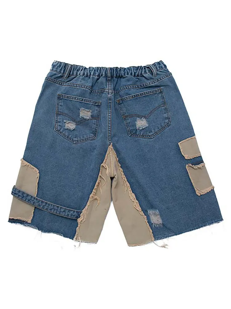 Casual Patched Ripped Denim Shorts