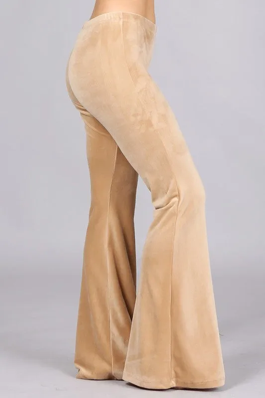 Chatoyant Stretchy Velour Bell Bottom Pants - Beige