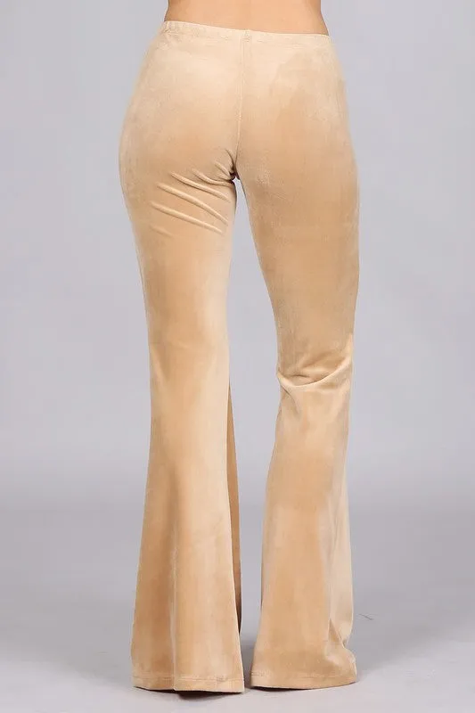 Chatoyant Stretchy Velour Bell Bottom Pants - Beige