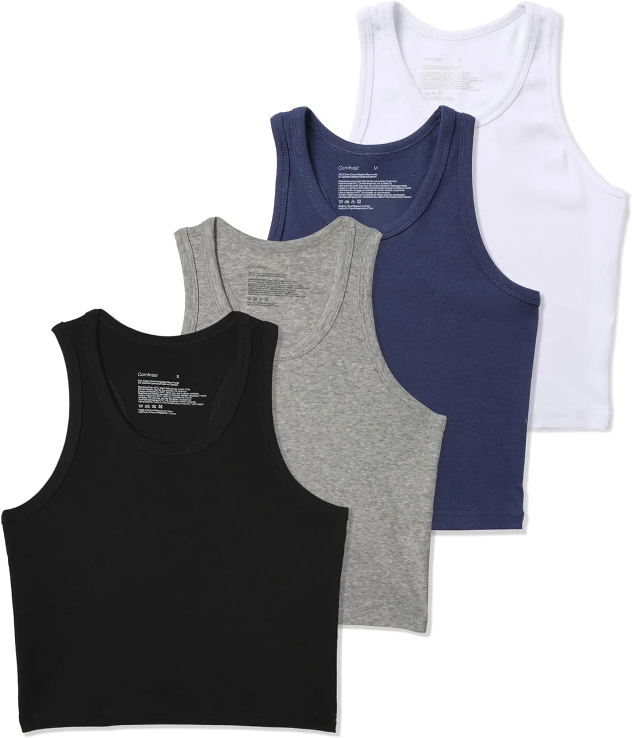 Comfneat Women's 4-Pack Crop Tops Cotton Spandex Racerback Crew Neck Tank Tops