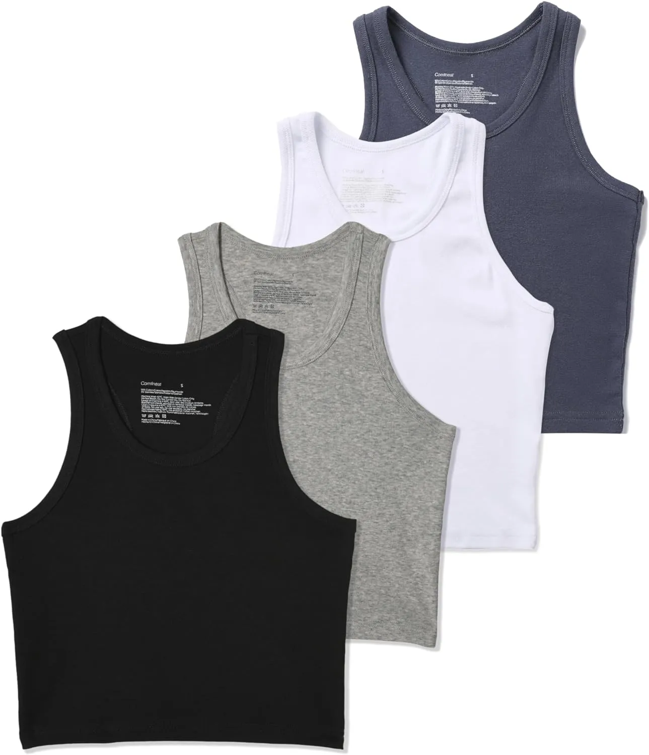 Comfneat Women's 4-Pack Crop Tops Cotton Spandex Racerback Crew Neck Tank Tops