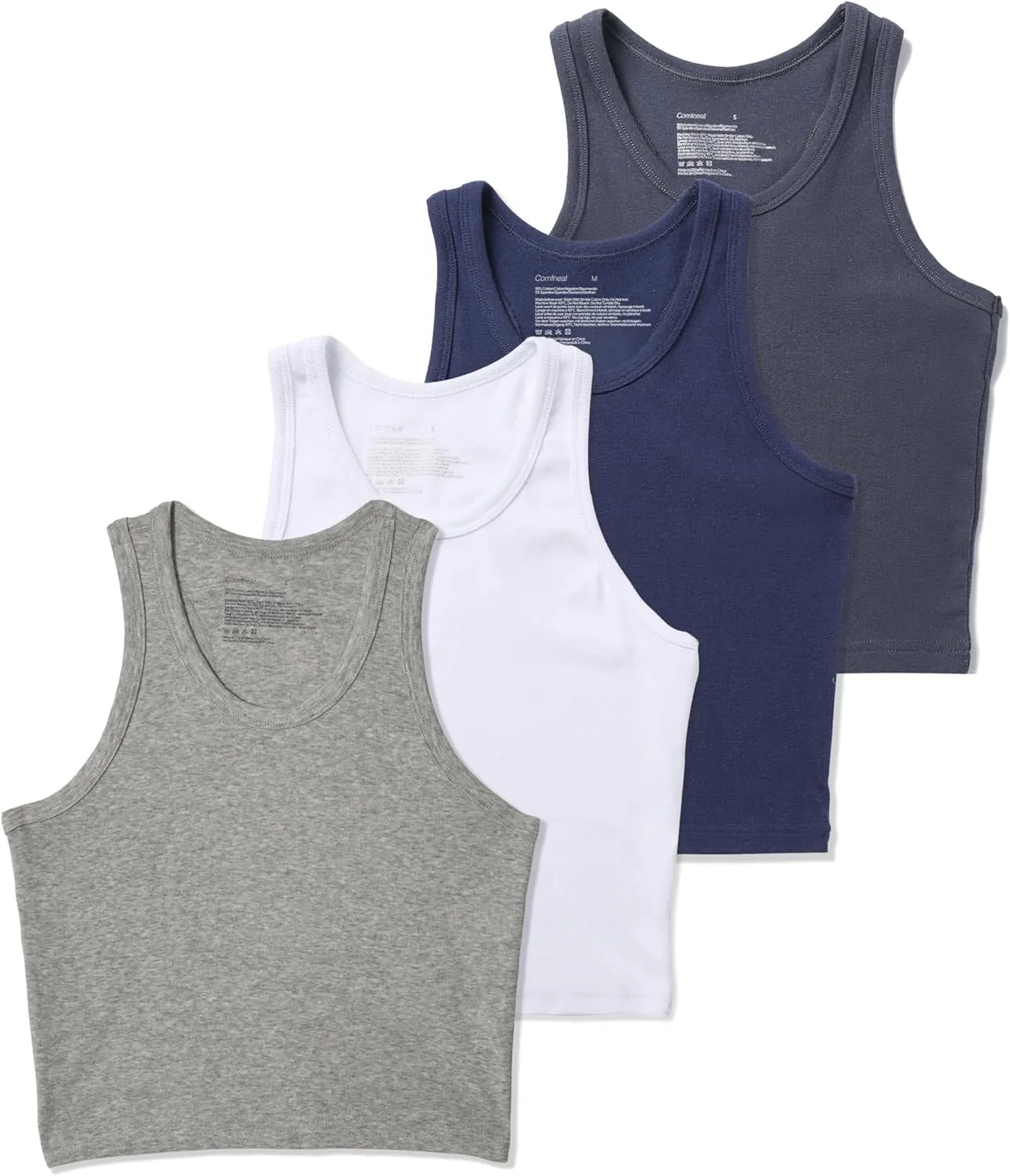 Comfneat Women's 4-Pack Crop Tops Cotton Spandex Racerback Crew Neck Tank Tops