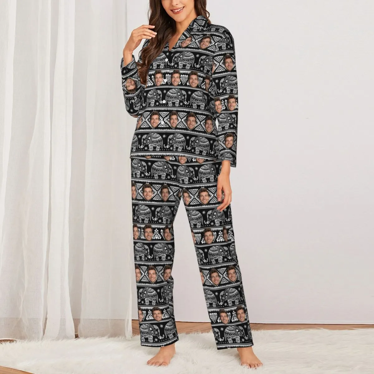 Custom Face Elephant Pattern Long Sleeve Cardigan Pajama Set - Black