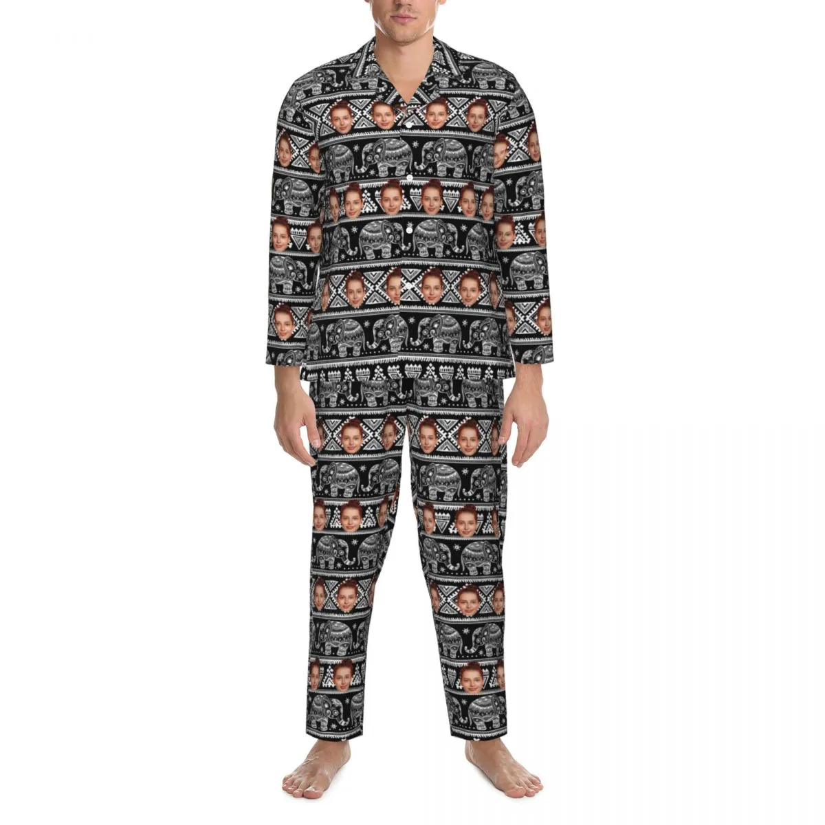 Custom Face Elephant Pattern Long Sleeve Cardigan Pajama Set - Black