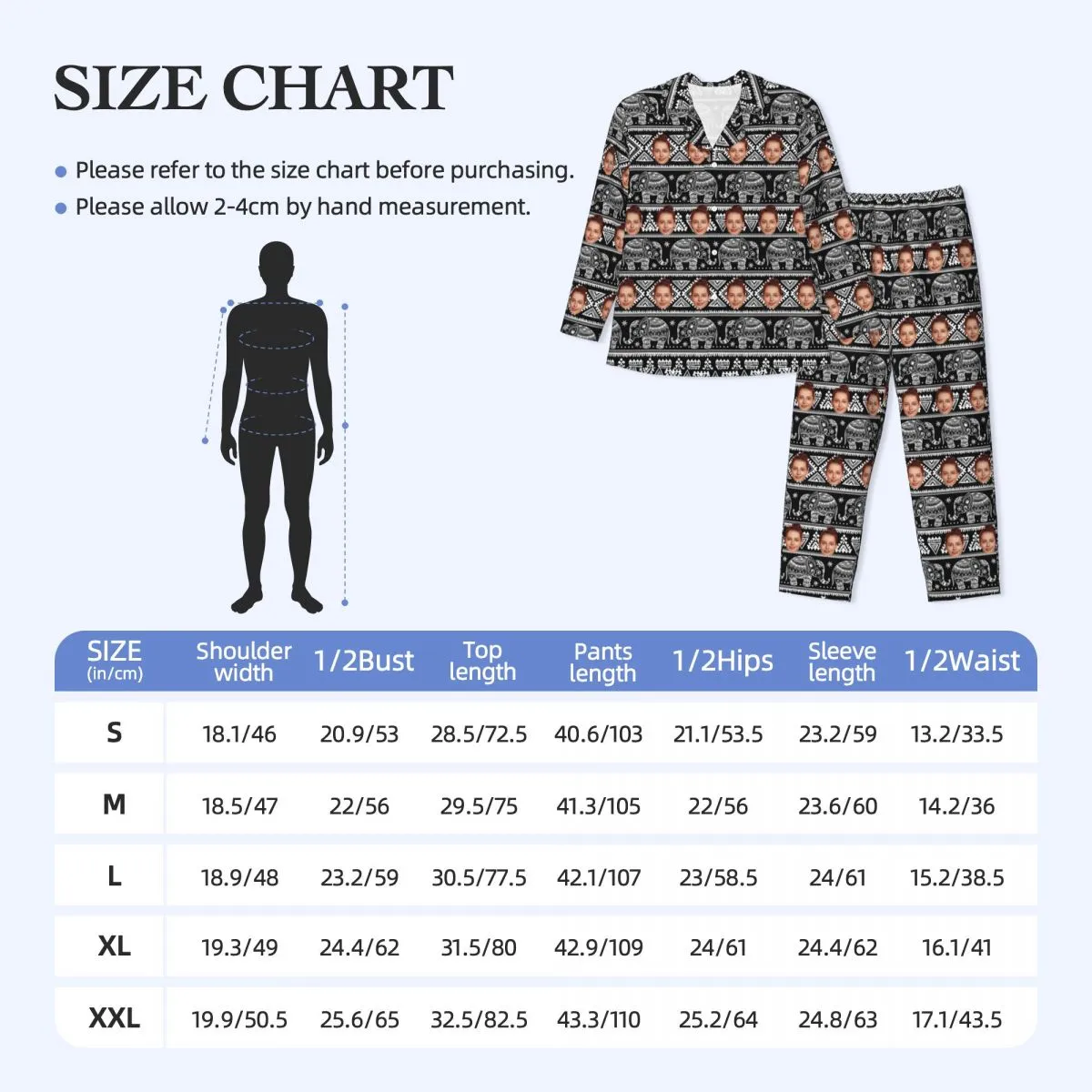 Custom Face Elephant Pattern Long Sleeve Cardigan Pajama Set - Black