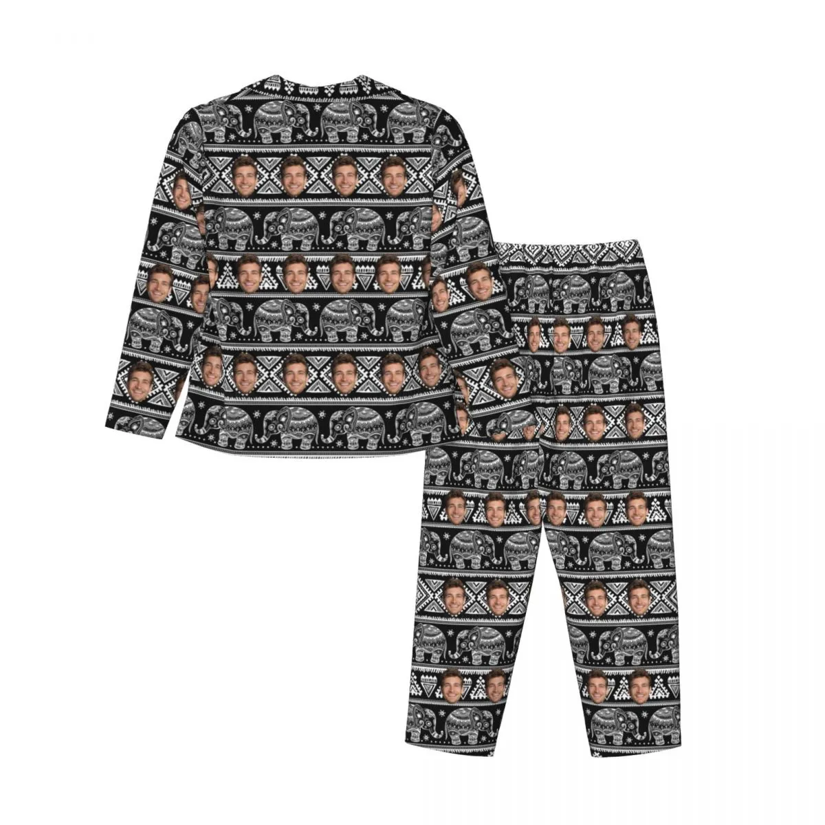 Custom Face Elephant Pattern Long Sleeve Cardigan Pajama Set - Black