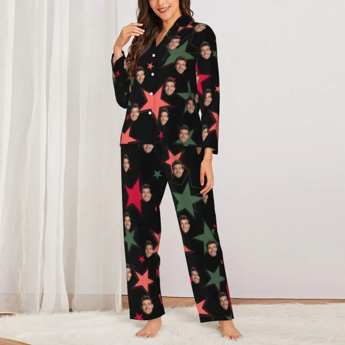 Custom Face Star Pattern Long Sleeve Cardigan Pajama Set - Black