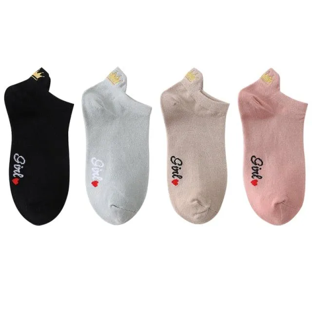 Embroidery Cotton Ankle Short Socks 4 Pairs