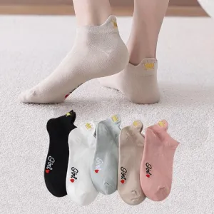 Embroidery Cotton Ankle Short Socks 4 Pairs