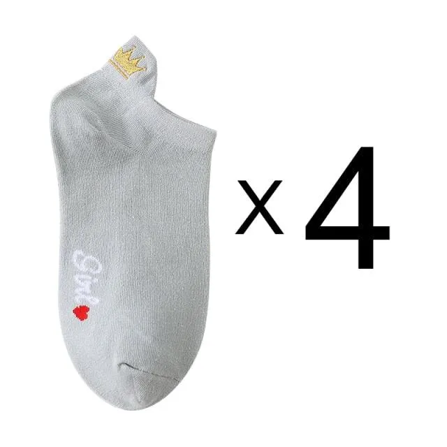 Embroidery Cotton Ankle Short Socks 4 Pairs