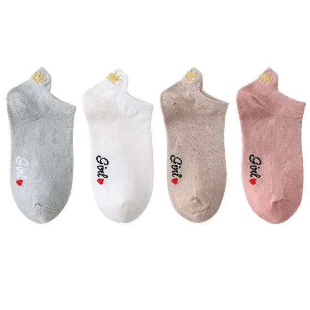 Embroidery Cotton Ankle Short Socks 4 Pairs