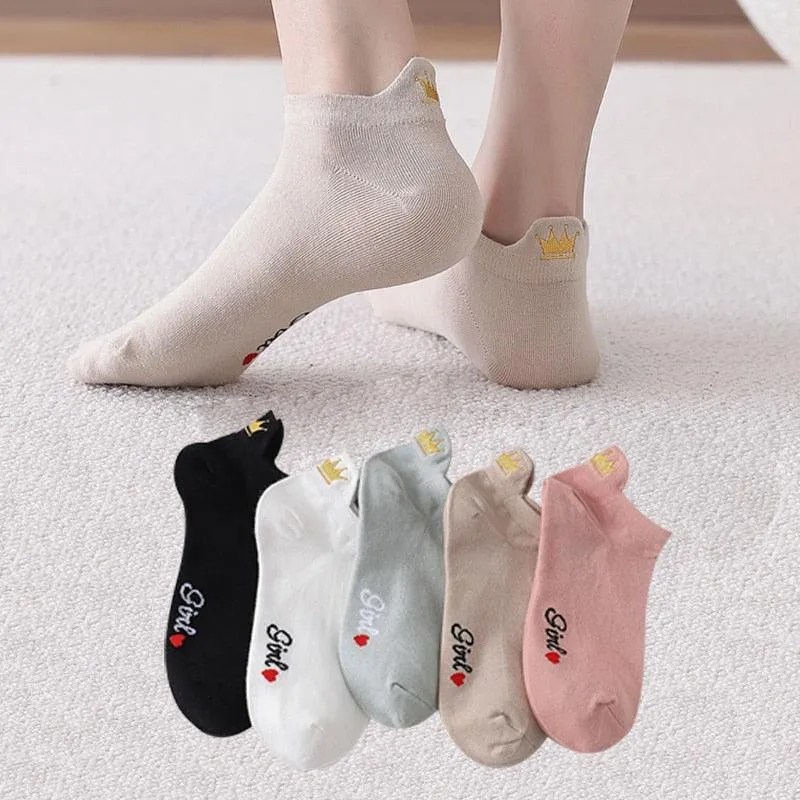 Embroidery Cotton Ankle Short Socks 4 Pairs