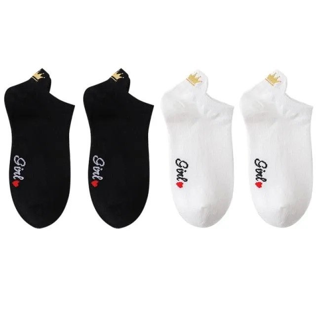 Embroidery Cotton Ankle Short Socks 4 Pairs