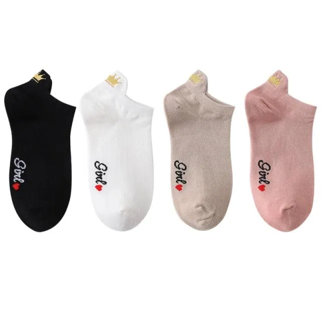 Embroidery Cotton Ankle Short Socks 4 Pairs