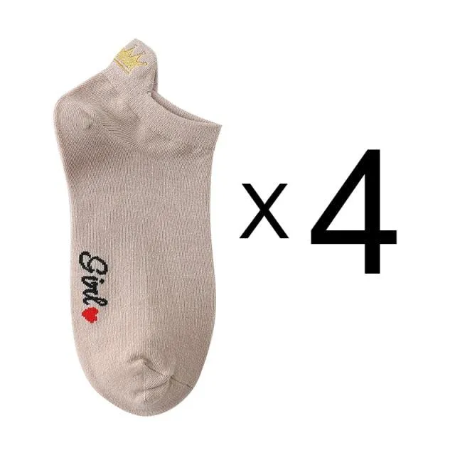 Embroidery Cotton Ankle Short Socks 4 Pairs