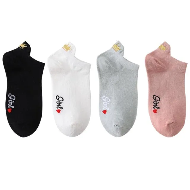 Embroidery Cotton Ankle Short Socks 4 Pairs