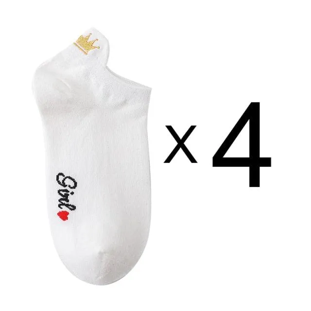 Embroidery Cotton Ankle Short Socks 4 Pairs