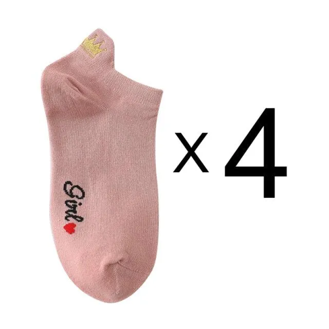 Embroidery Cotton Ankle Short Socks 4 Pairs