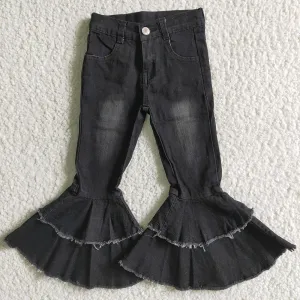 Fashion Baby Girls Denim Pants Black Double Ruffle Girl Jeans Bell Bottom Pants A0-4-1