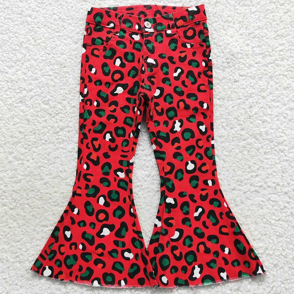 Girls Denim Bell Pants Red Leopard Jeans Pants P0229