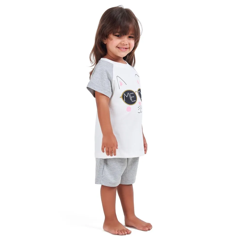 Girls summer pajama set Cat t-shirt   Grey shorts