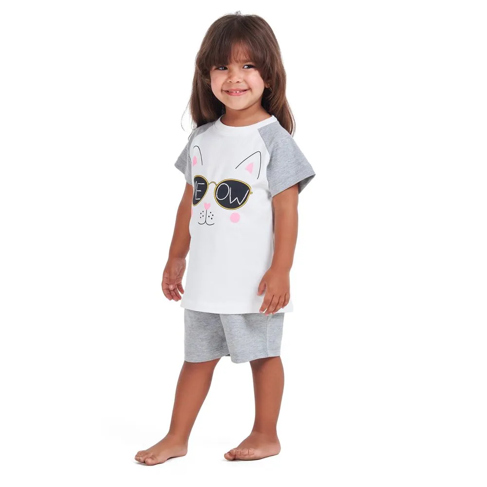 Girls summer pajama set Cat t-shirt   Grey shorts