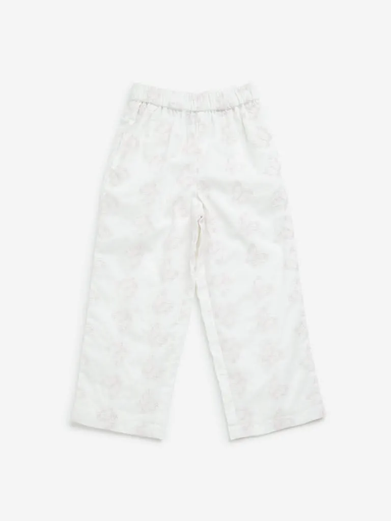 HOP Kids White Butterfly Schiffli Mid-Rise Cotton Pants