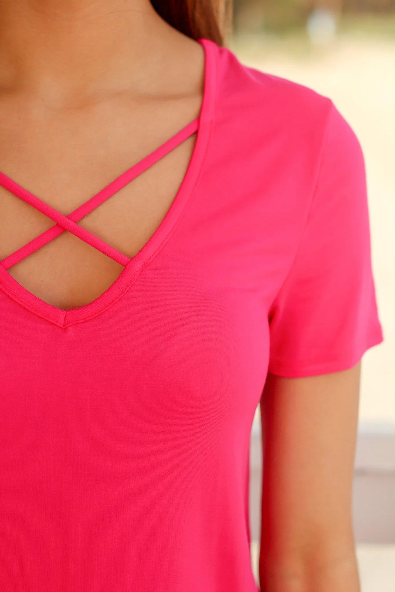 Hot Pink Criss Cross Top with Short Sleeves