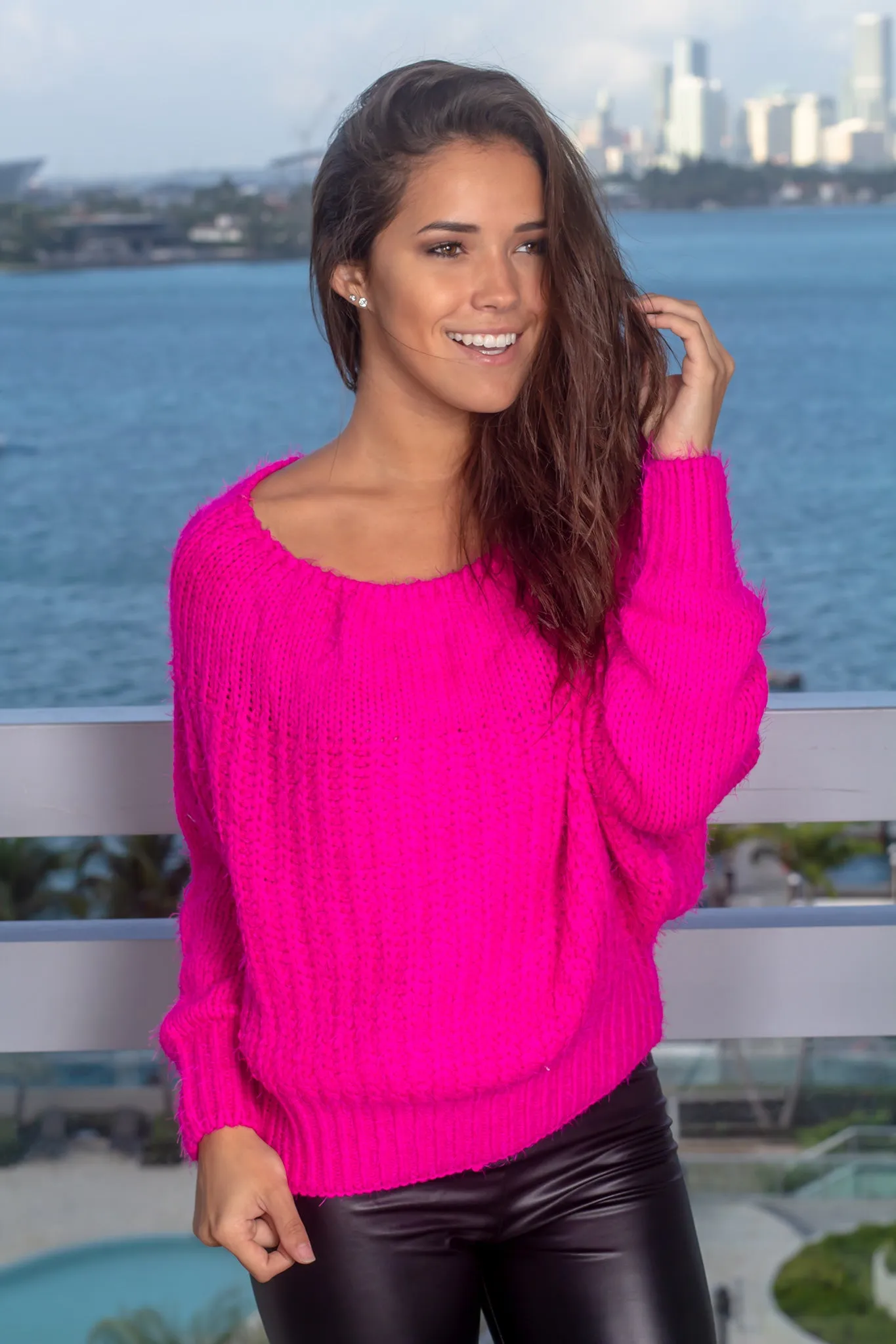 Hot Pink Off Shoulder Sweater