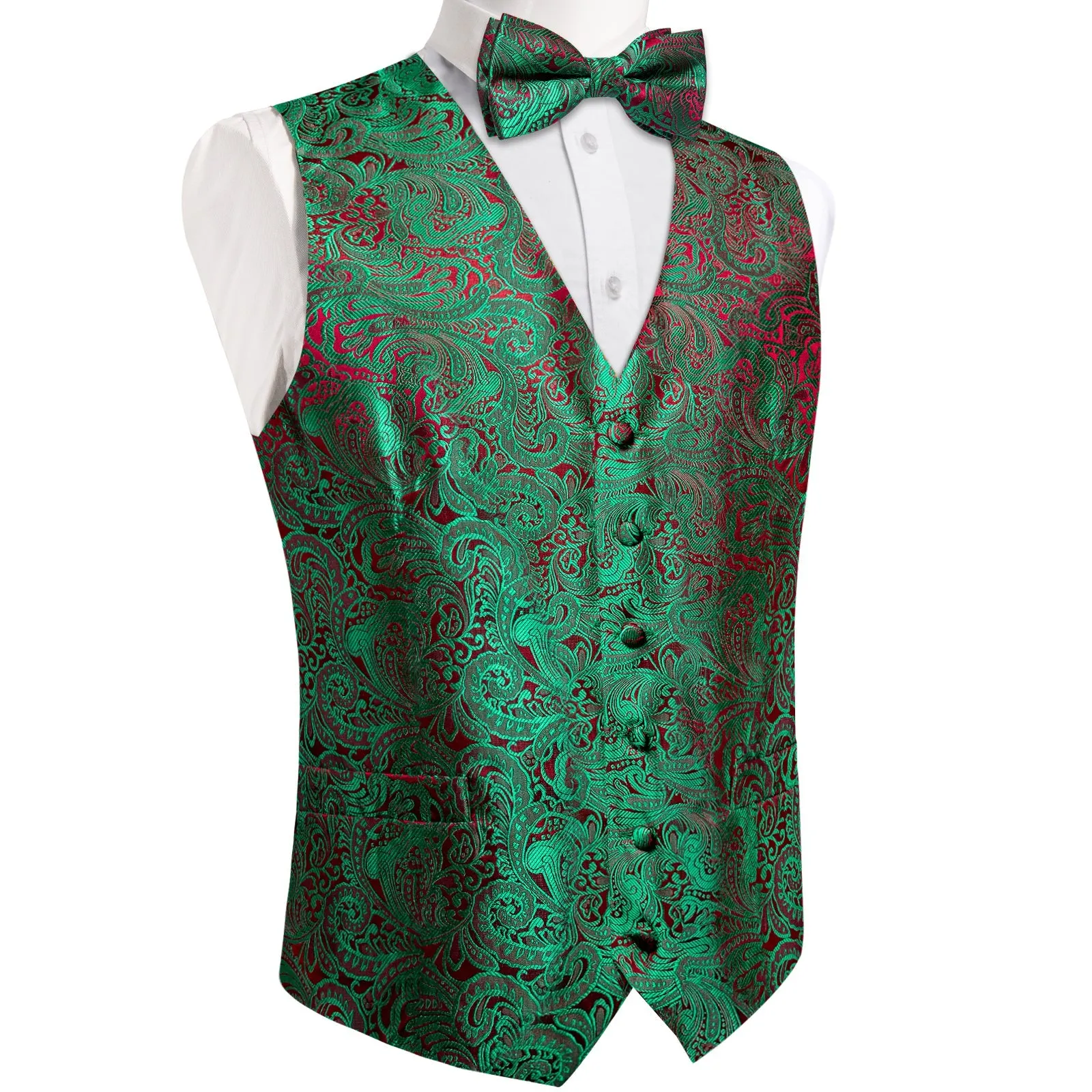 Hot Seling Green Red Paisley Men's Vest Bow Tie Set