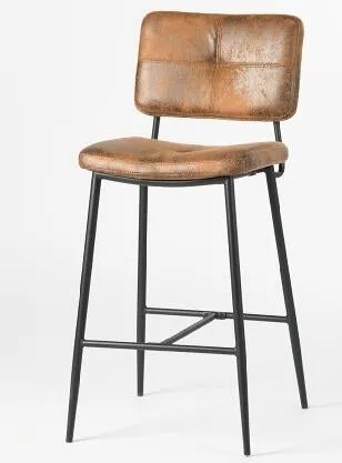 Industrial Bar Stool with Leather Upholstery - Vintage Brown Seat, Black Metal Legs, High Backrest for Comfort