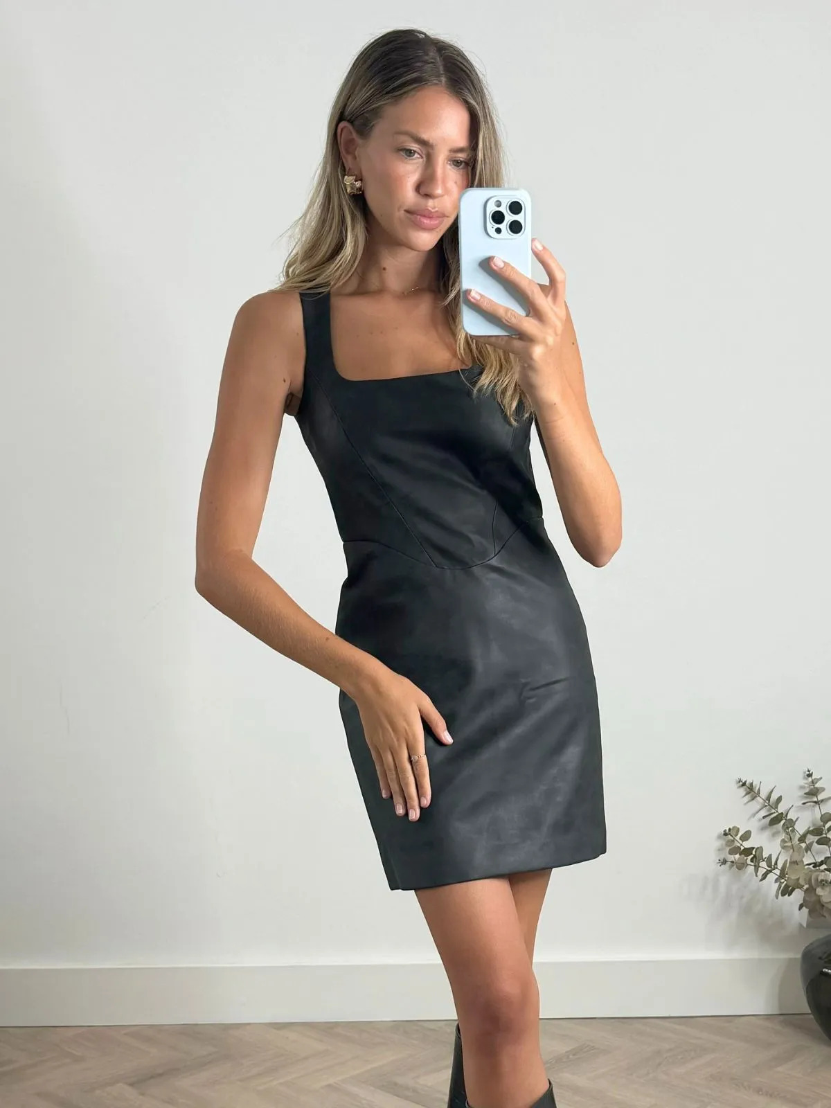 Jada Square Neck PU Mini Dress in Black